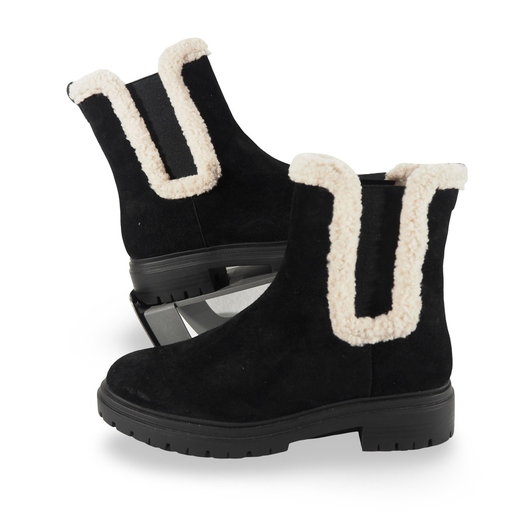 Ann Taylor Chelsea Boots Womens 9.5M Black Suede Faux Fur Lined Lug Sole